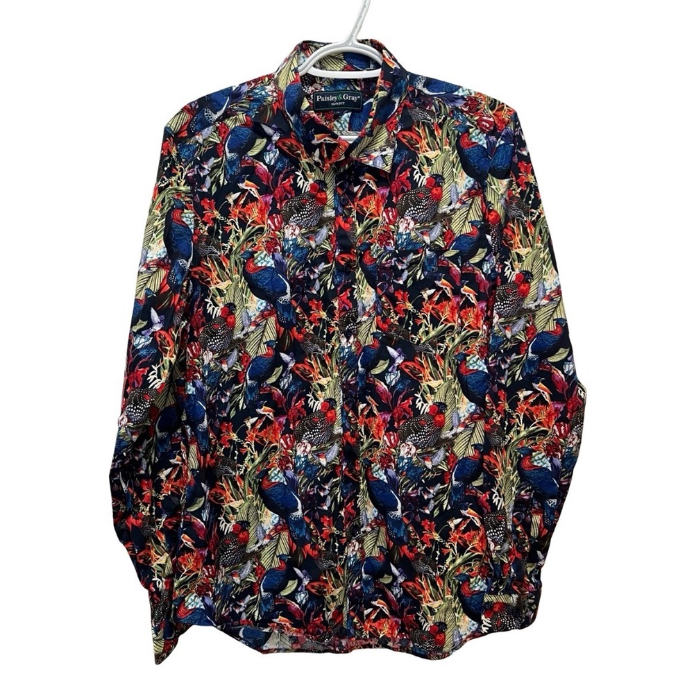 Paisley & Gray Mens Slim Fit Tropical Bird Floral Button Down Shirt Large 17